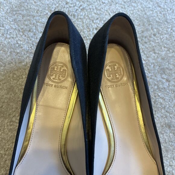 TORY BURCH Women's Regina Shoes Block Heel Square Toe Black Fabric Size 11 M - Picture 4 of 7